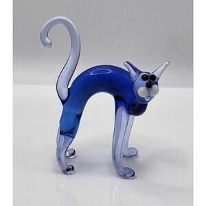 Murano Style Art Glass Cat Figurine Blue Hand Blown Italy Style